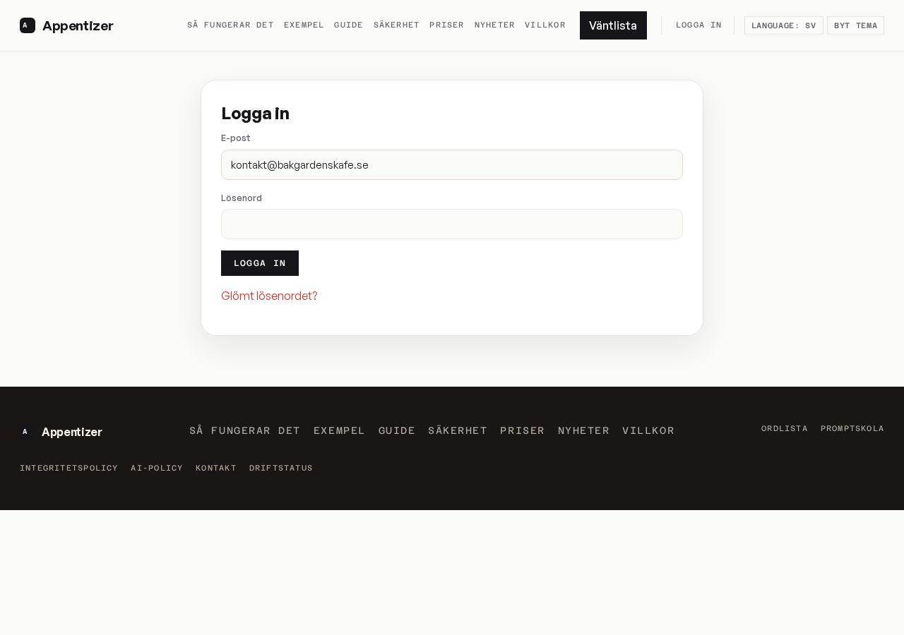 Inloggningssidan i Appentizer