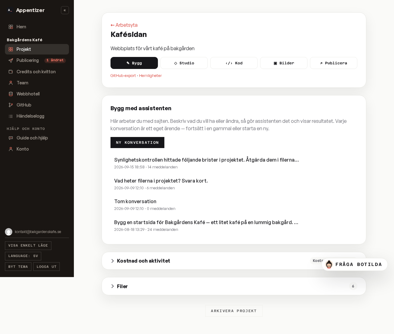 Ett projekts startsida med knappar till verktygen och kortet Bygg med assistenten