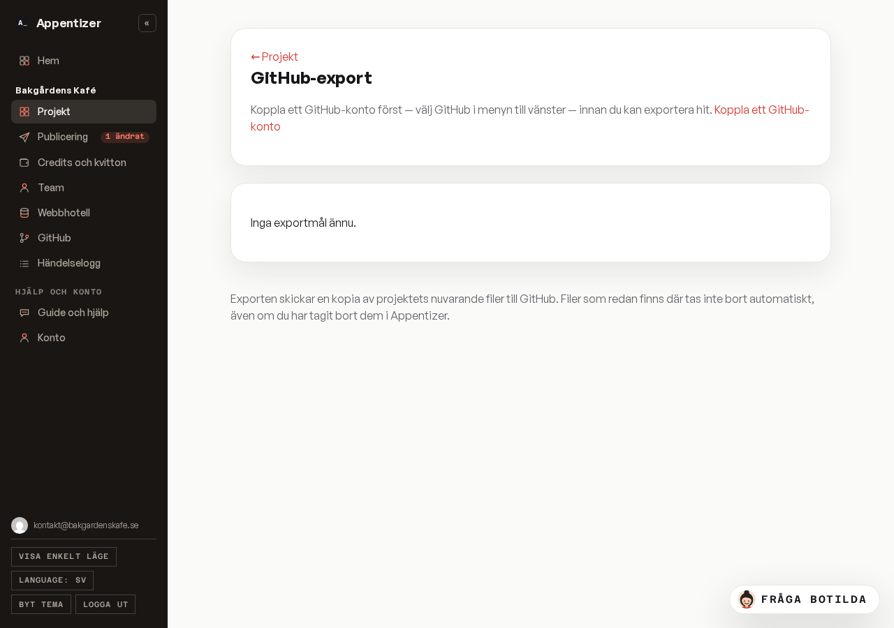 GitHub-export-sidan innan ett konto är kopplat
