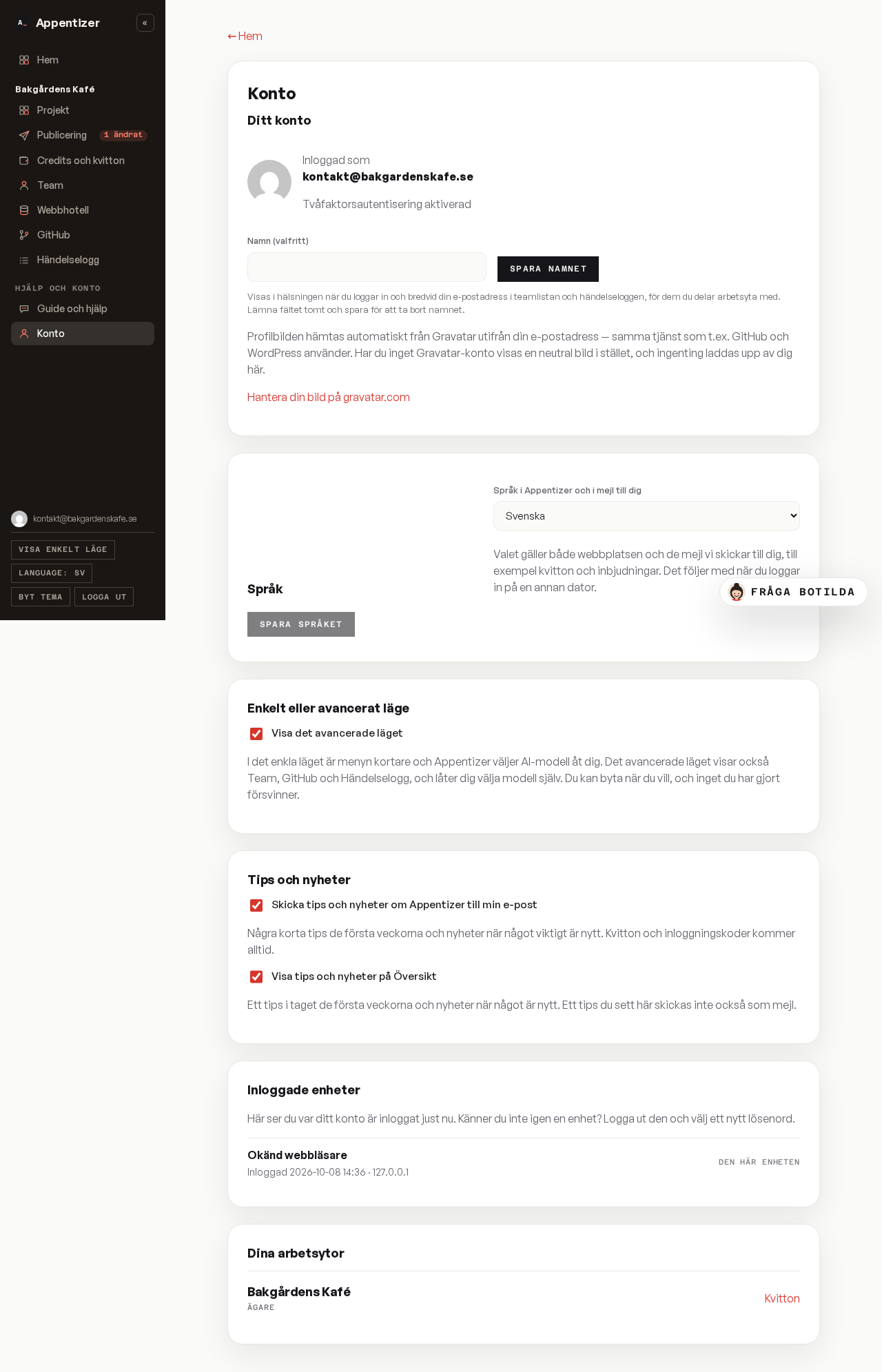 Kontosidan med kontoidentitet, profilbild och listan över arbetsytor